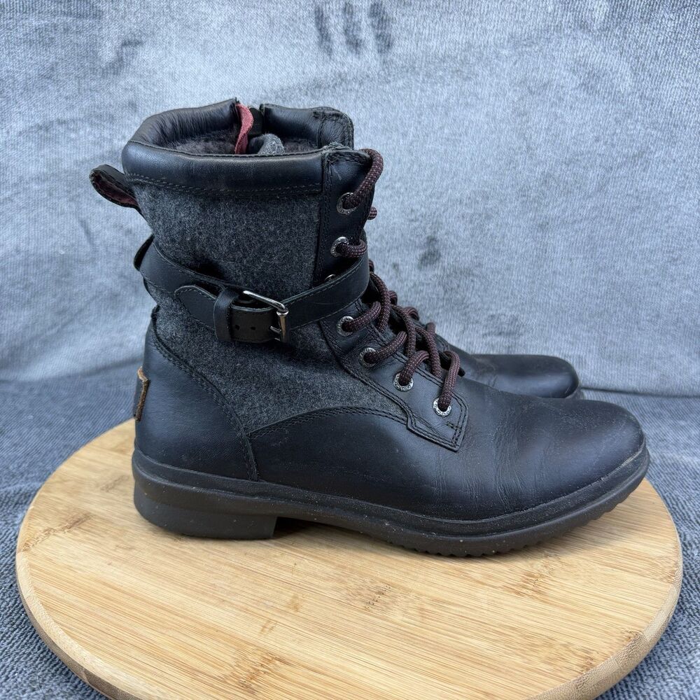UGG Simmens Boots Womens Size 8 Black Leather Waterproof Combat Ankle Zip Winter